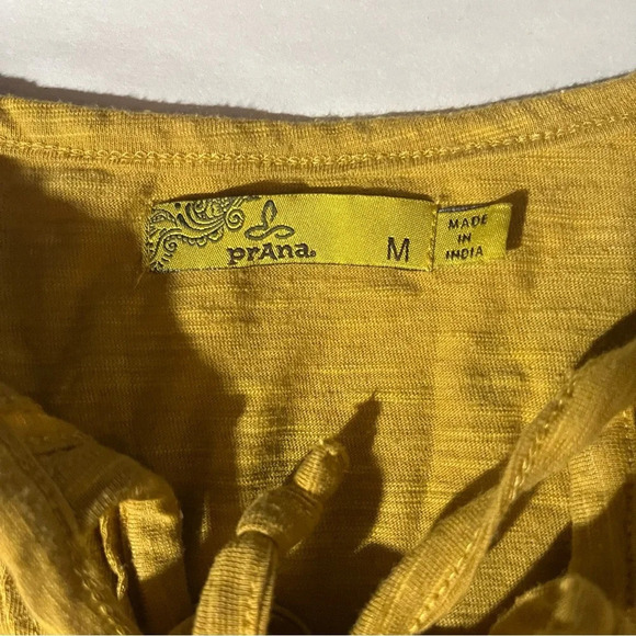 PrAna ~ Mustard Yellow Organic Cotton Blend Top with Tie and Pleating Stitching - Picture 5 of 9